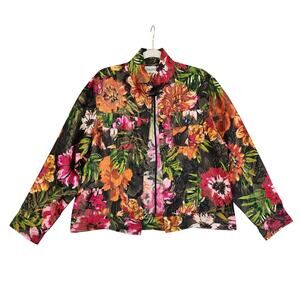 Chicos Womens Vintage Silk Blend Open Front Jacket Large Dark Vibrant Floral Art